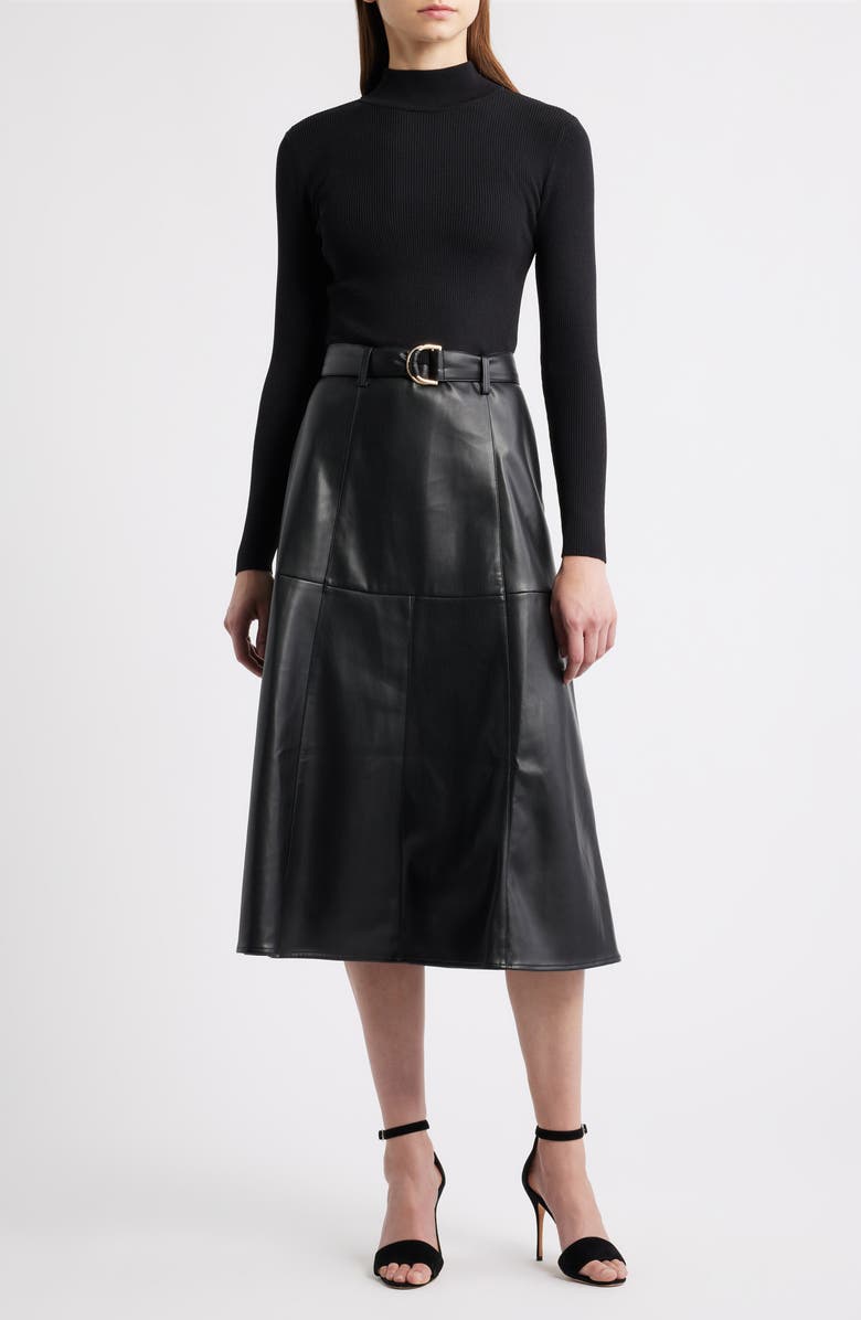 Elie Tahari The Miranda Long Sleeve Mixed Media Faux Leather Midi Dress, Main, color, Noir Black