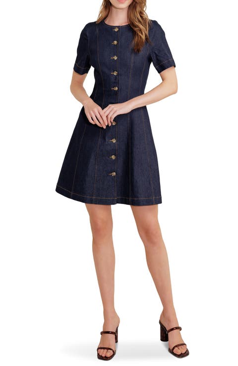 Short Sleeve A-Line Cotton Blend Denim Minidress