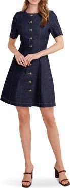 FREEMARKET Short Sleeve A-Line Cotton Blend Denim Minidress