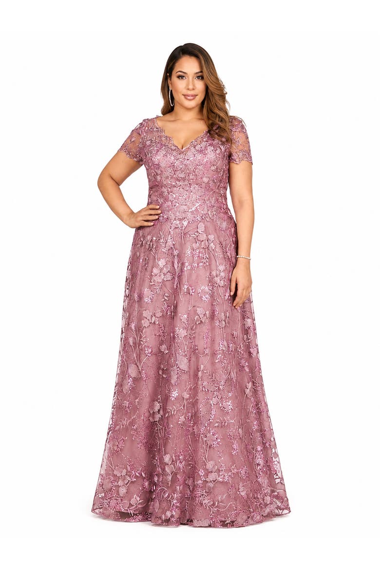 Beaded Faux-Wrap V-Neck Bridal Gown, Main, color, Mauve