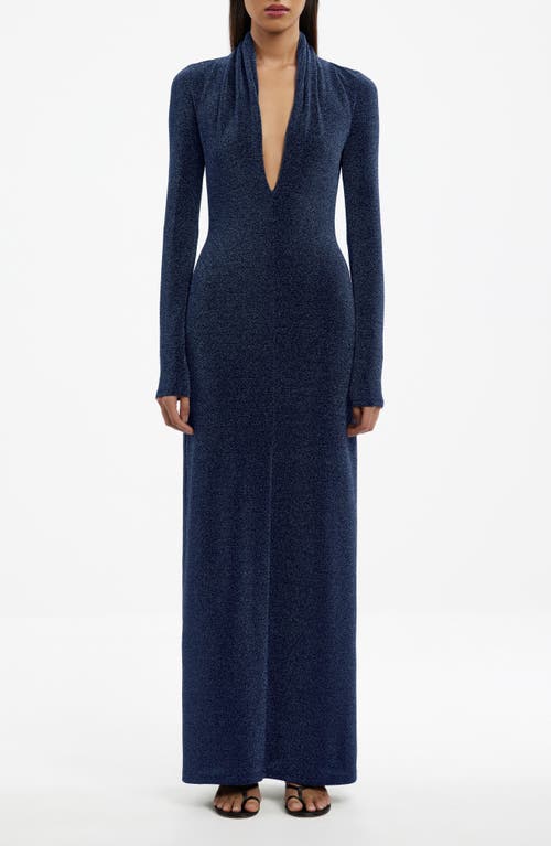 Significant Other Selena Metallic Plunge Long Sleeve Open Back Jersey Gown In Blue