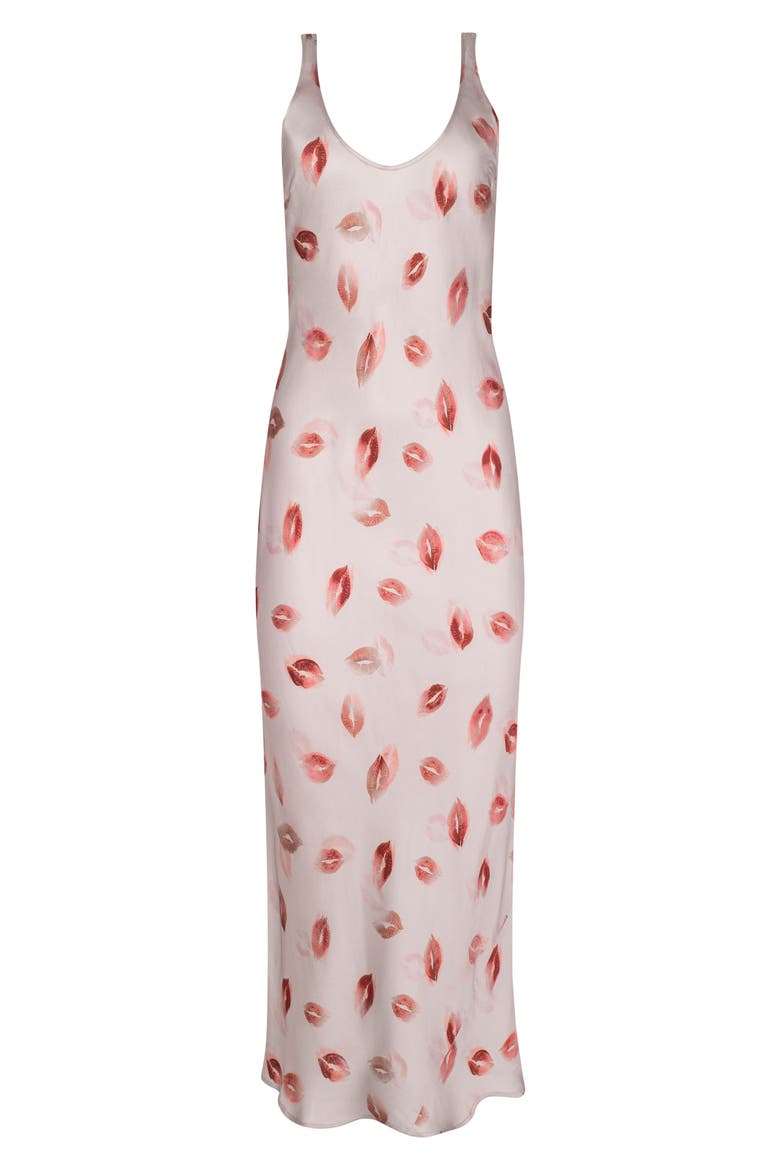 Akiya Kiss Print Satin Maxi Slipdress, Alternate, color, TAUPE/ DK RED FD KISS