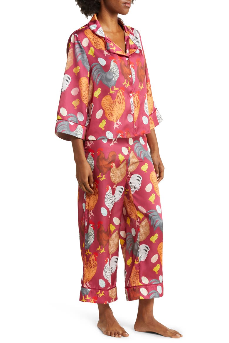 Chickens Satin Pajamas, Alternate, color, MAROON