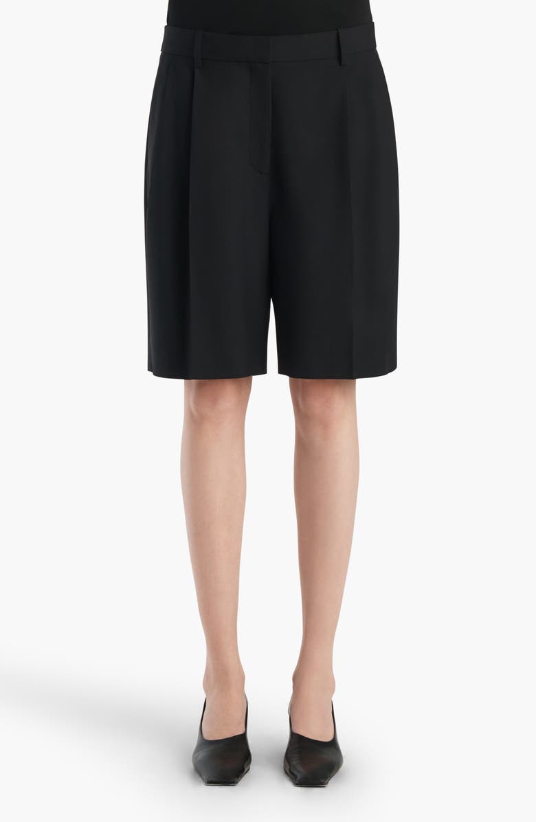 Khaite Auggie Pleated Wool Wide Leg Shorts, Main, color, Black