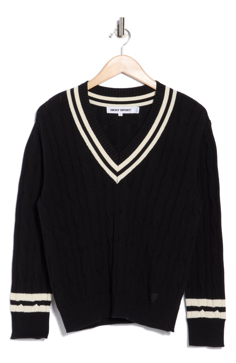 DKNY Tipped Stripe V-Neck Cotton Sweater, Alternate, color,