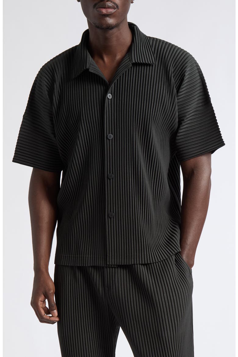 Monthly Colors August Pleated Short Sleeve Button Down Shirt, Main, color, INKY GRAY
