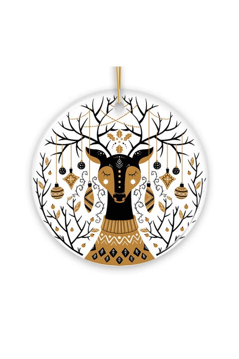 Nordic Winter Deer Black And Gold Ceramic Ornament