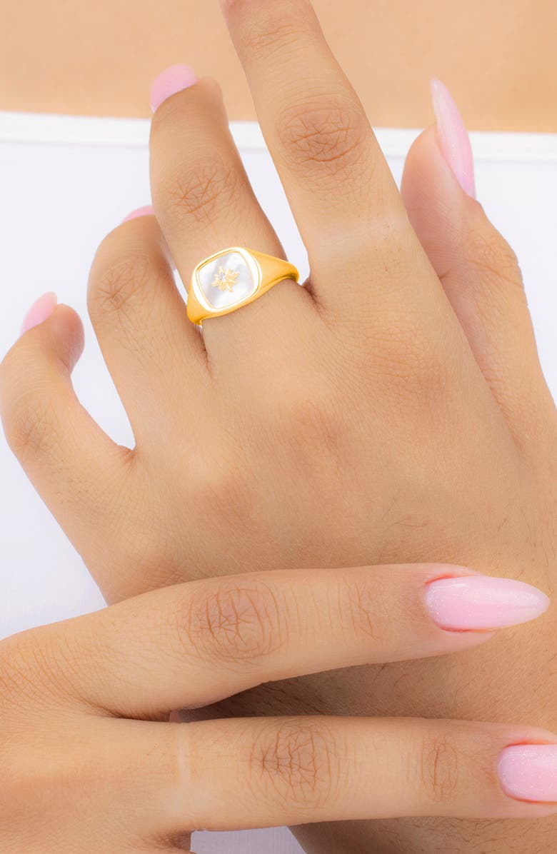 Sterling Forever Simona Mother of Pearl Cubic Zirconia Signet Ring, Alternate, color, Gold
