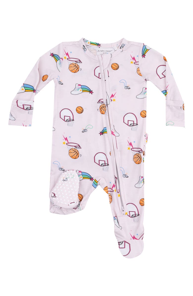 Angel Dear Basketball Ruffle Zip Footie, Main, color, Light Pink/ Dark Pink