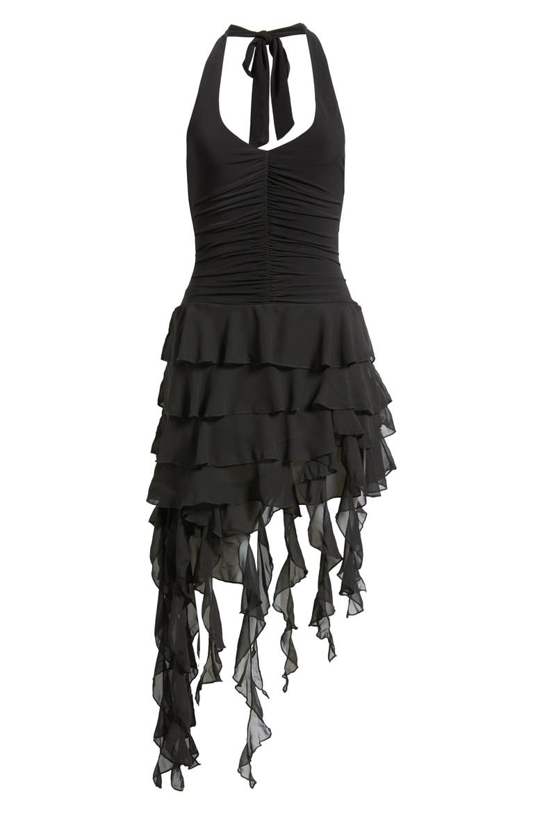Ity Asymmetric Tiered Ruffle Halter Minidress, Alternate, color, BLACK