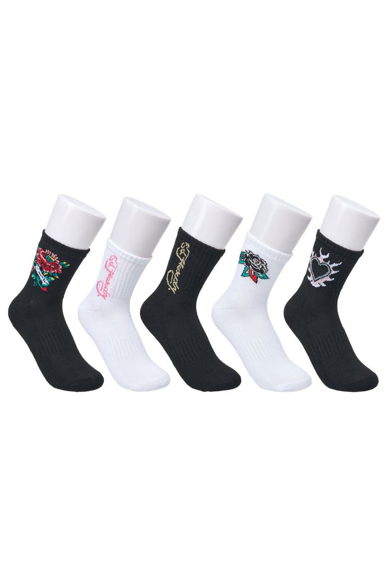 Flower Print Half Cushion Mid Crew Sock 5-Pack, Main, color, Black White