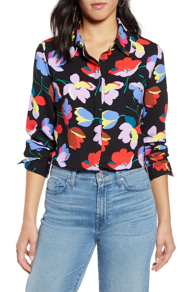 Hidden Button Long Sleeve Blouse, Main, color, BLACK MULTI FLORAL