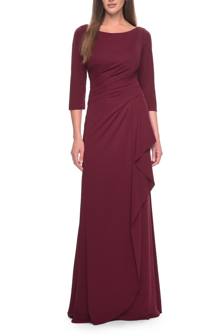 Chic Long Evening Gown with High Neck and Ruffle Detail, Alternate, color, Wine