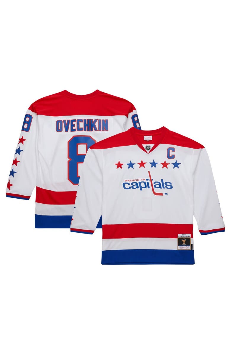 Mitchell & Ness Men's Mitchell & Ness Alexander Ovechkin White Washington Capitals  2012/13 Alternate Captain Blue Line Player Jersey, Main, color, 