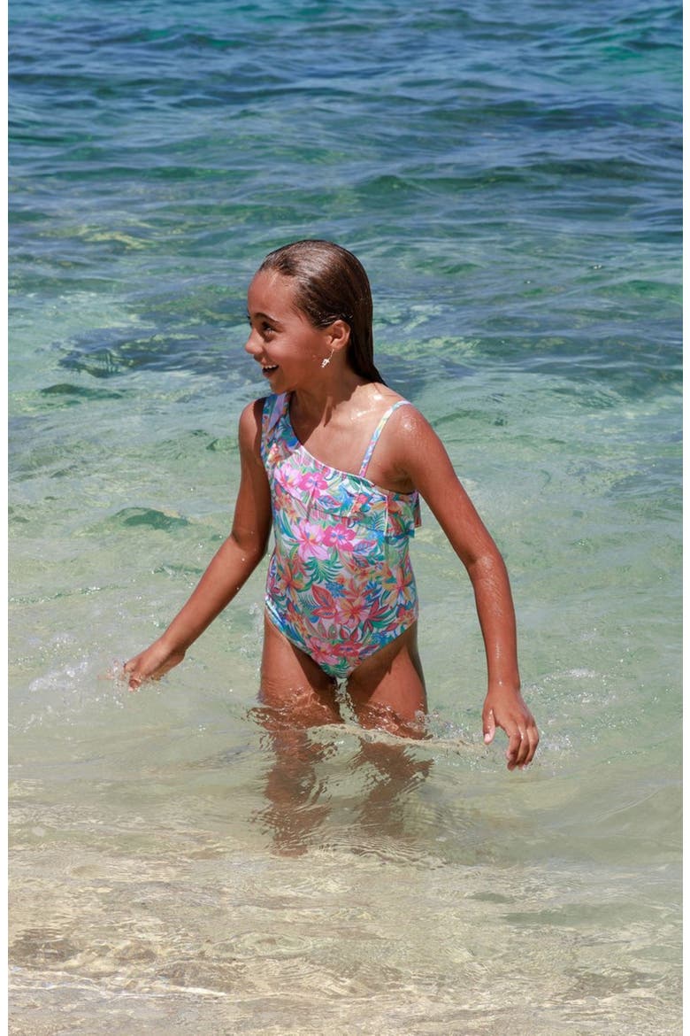 Kids' Beach Party Ruffle UPF 50+ One-Piece Swimsuit, Alternate, color, GREEN MULTI