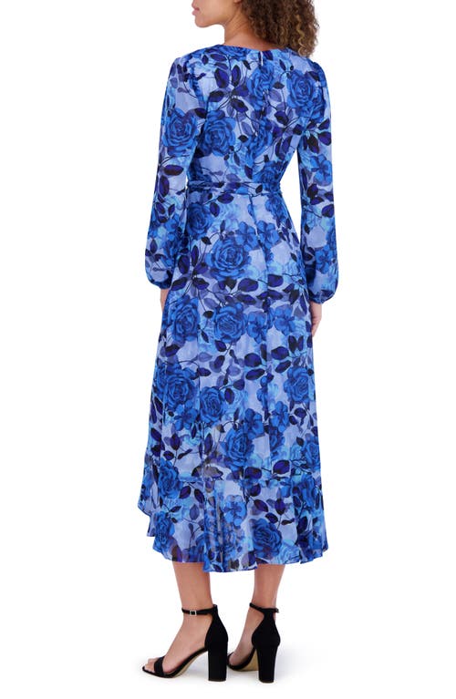 Kensie Floral Burnout Long Sleeve Midi Dress In Blue Multi
