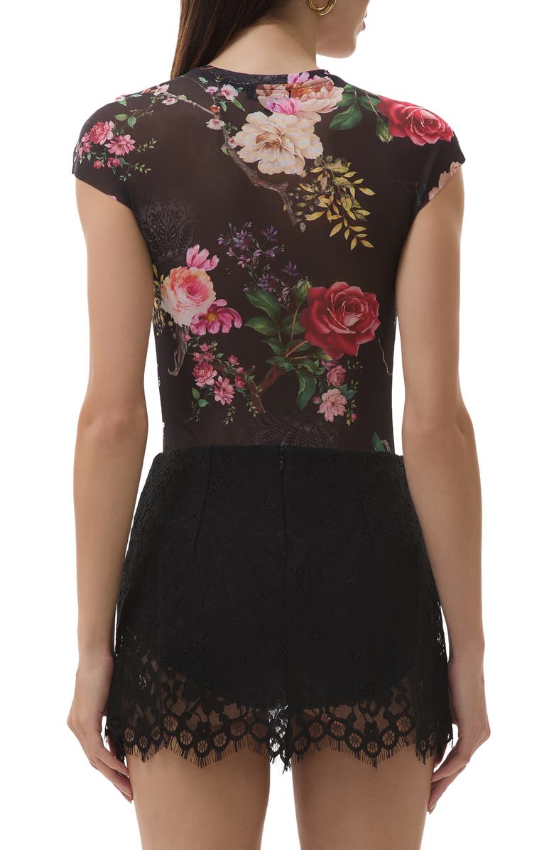 AFRM Nina Print Cap Sleeve Mesh Top, Alternate, color, Noir Summer Rose
