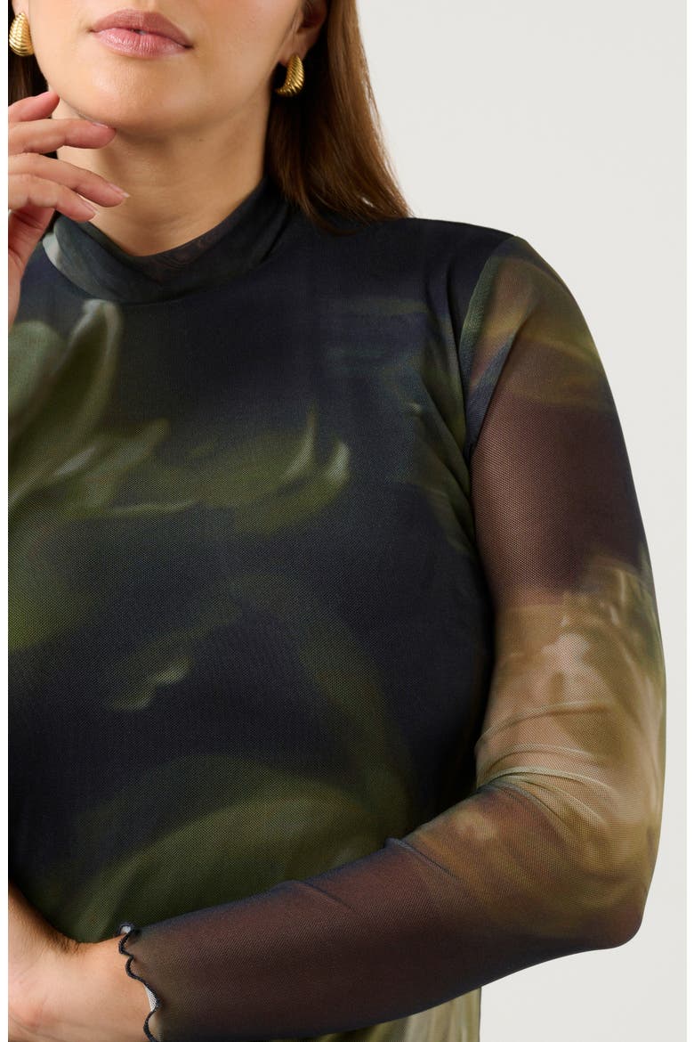 Peace Lily Mock Neck Long Sleeve Mesh Midi Dress, Alternate, color, BLACK/ MOSS