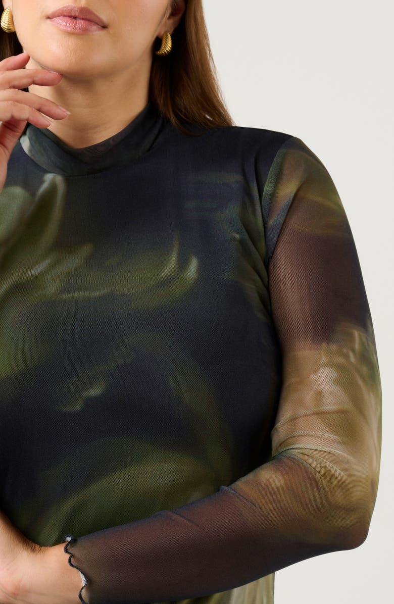 Estelle Peace Lily Mock Neck Long Sleeve Mesh Midi Dress, Alternate, color, Black/ Moss