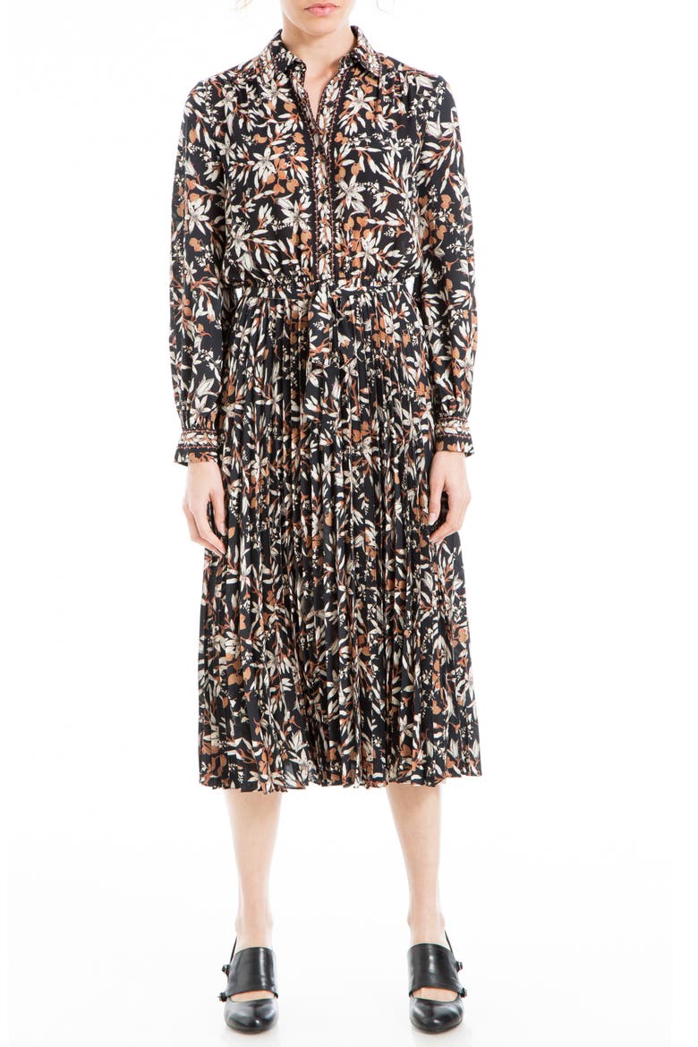 Long Sleeve Pleated Shirtdress, Main, color, BKECRUPL-BLACK/ECRU PRESSED LILY