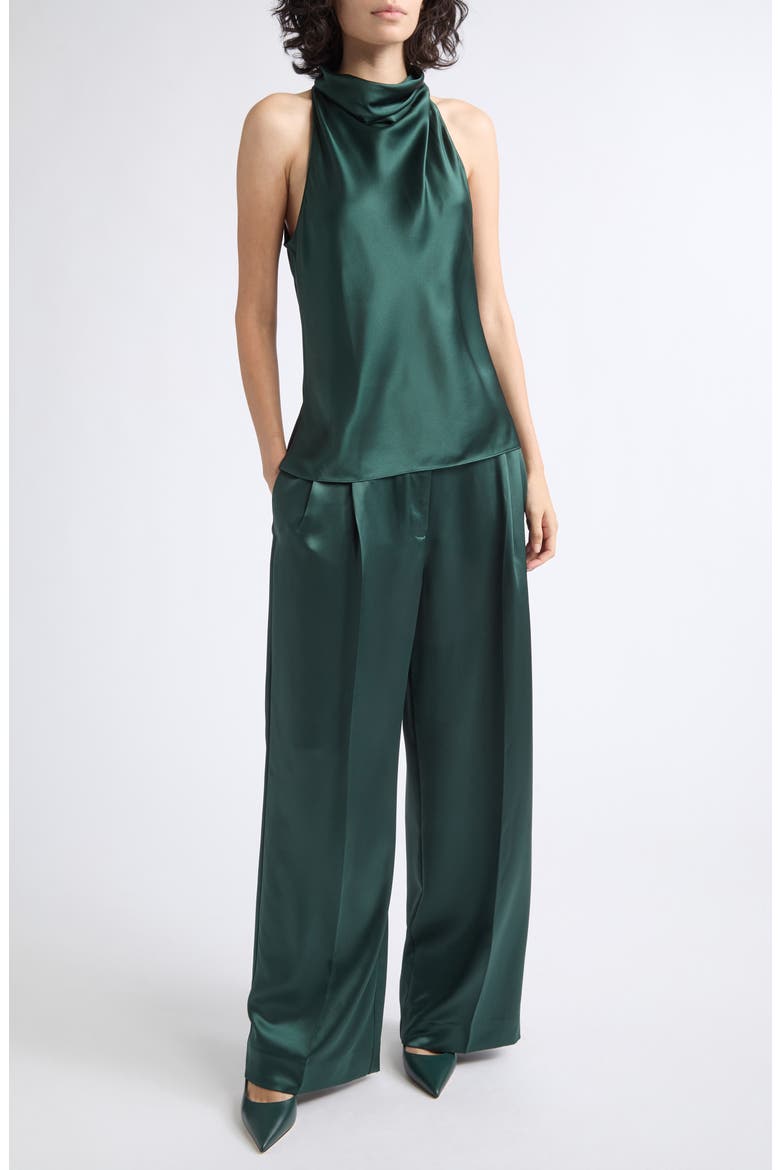 Zadie Pleated Satin Pants, Alternate, color, TEAL GREEN