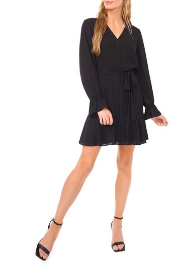 Cece Long Sleeve Georgette Dress In Black