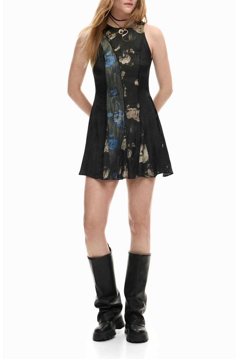 Floral Print Sleeveless Minidress, Main, color, BLACK