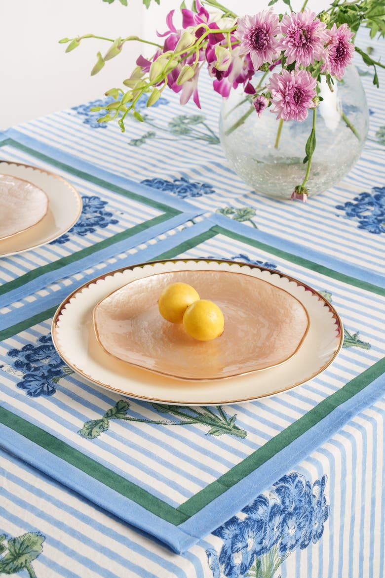 Hydrangea Blockprint Tablecloth, Alternate, color, Blue - 70x120
