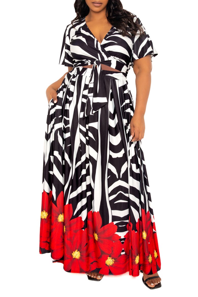 Animal Print Wrap Crop Top & Maxi Skirt Set, Main, color, MULTI