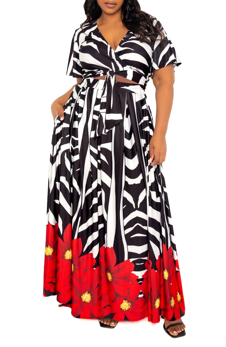 BUXOM COUTURE Animal Print Wrap Crop Top & Maxi Skirt Set, Main, color,