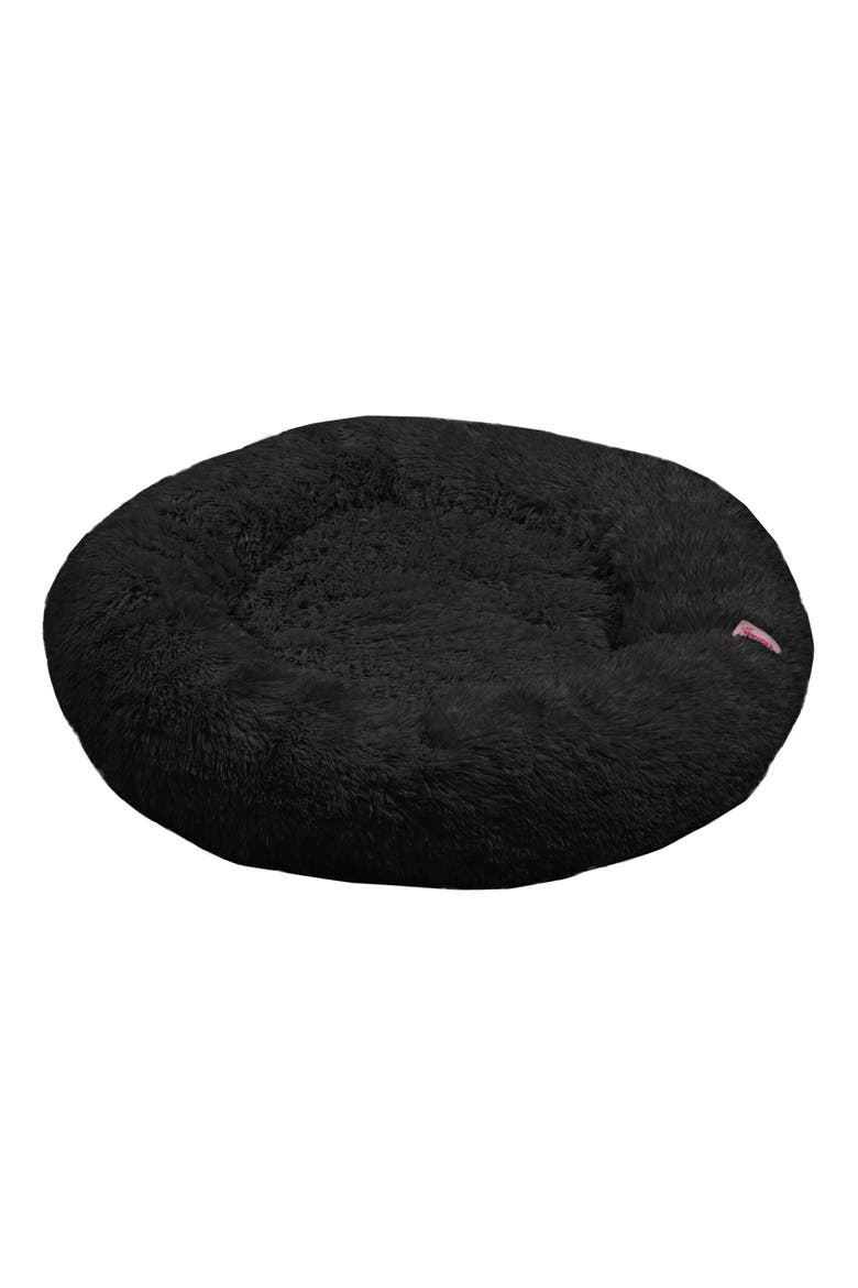 Maisie Bohemian Glam Faux Fur Round Fluffy Calming Donut Pet Bed with Washable Cover, Alternate, color, Black