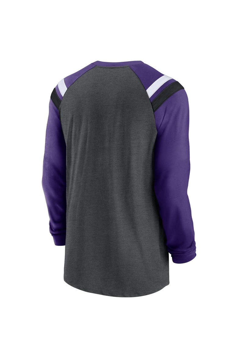 Men's Nike Heathered Charcoal/Purple Minnesota Vikings Tri-Blend Raglan Athletic Long Sleeve Fashion T-Shirt, Alternate, color, Heather Charcoal