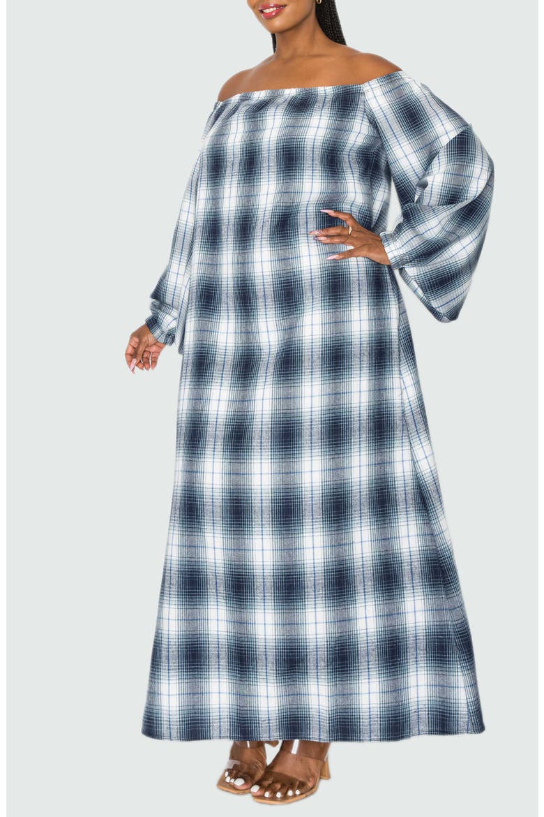 Zoe Plaid Long Sleeve Off the Shoulder Maxi Dress, Alternate, color, NAVY