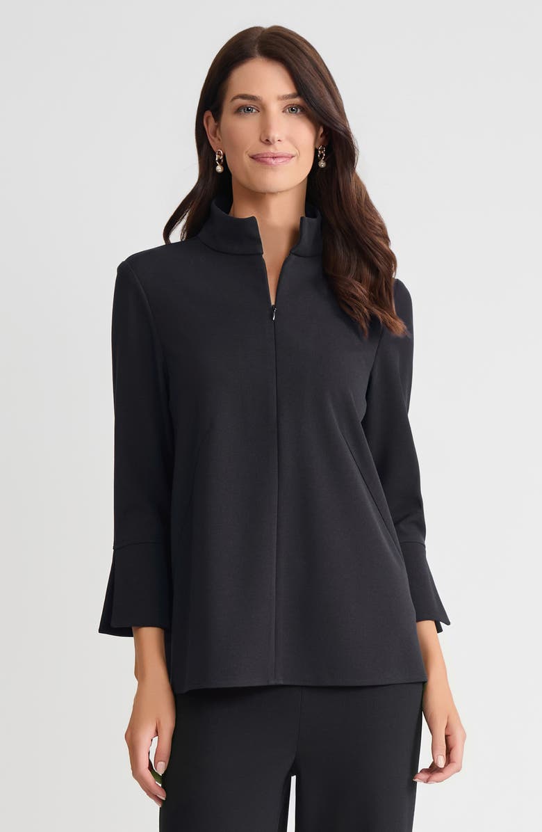 Ming Wang Stretch Deco Crepe Zip Front Pullover Blouse, Main, color, Black