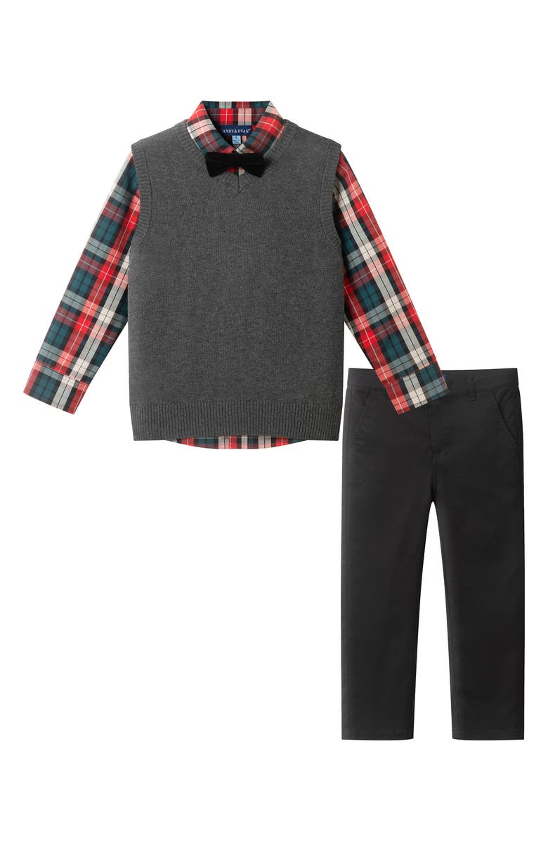 Andy & Evan Kids' Sweater Vest, Button-Up Shirt, Pants & Bow Tie Set, Main, color, Grey Vest