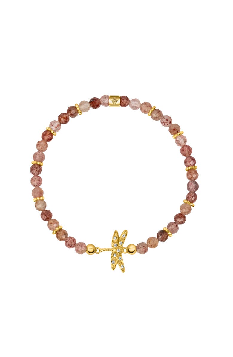 Karma and Luck Strawberry Quartz Gold Dragonfly Charm Beaded Bracelet Purposeful Life, Main, color, Pink/Gold