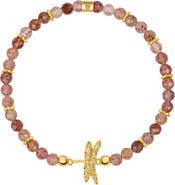 Karma and Luck Strawberry Quartz Gold Dragonfly Charm Beaded Women's Bracelet - Purposeful Life