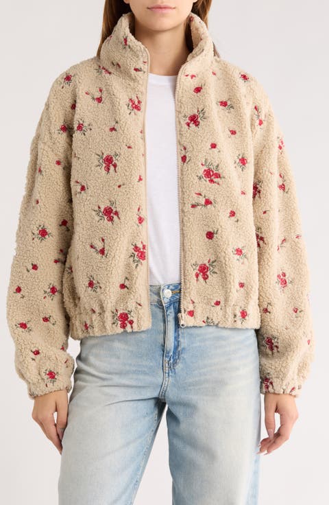 Floral Embroidered Faux Shearling Jacket
