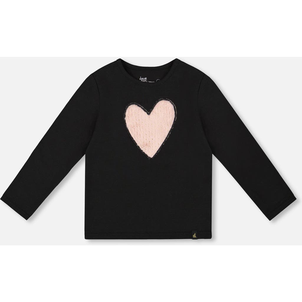 Deux Par Deux Organic Cotton Long Sleeve T-shirt With Heart In Black