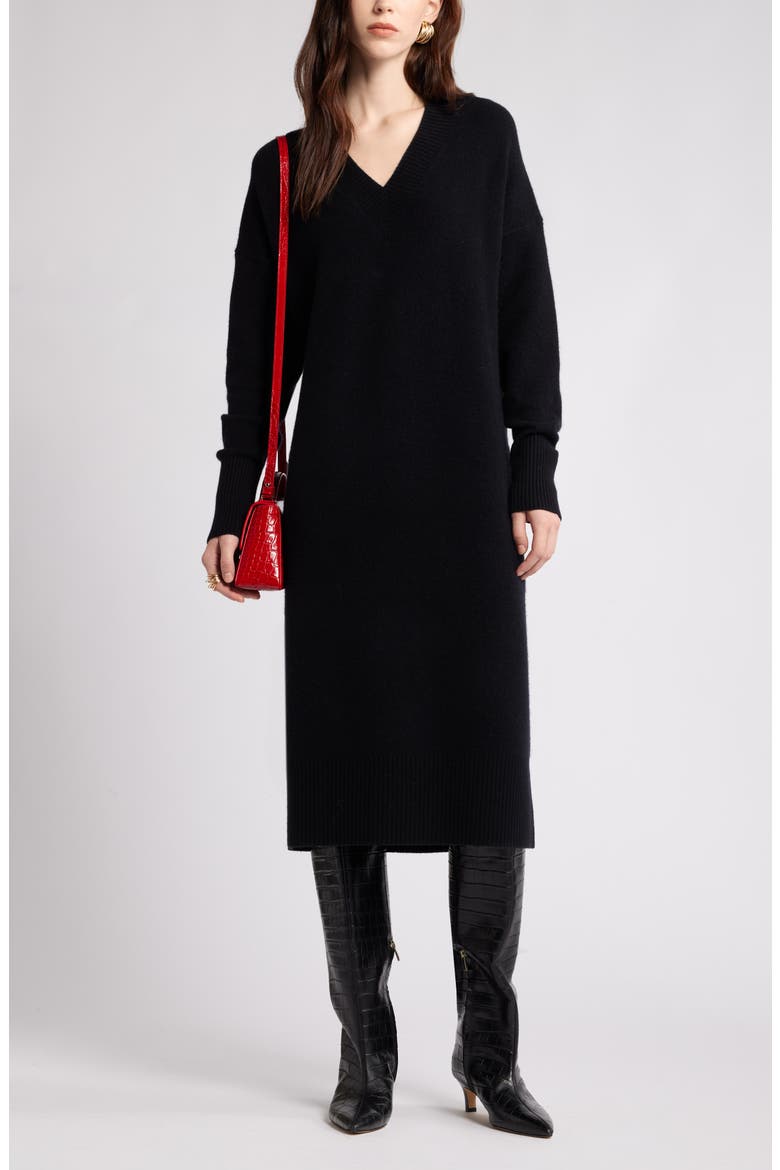 V-Neck Long Sleeve Wool & Cashmere Sweater Dress, Main, color, BLACK ROCK