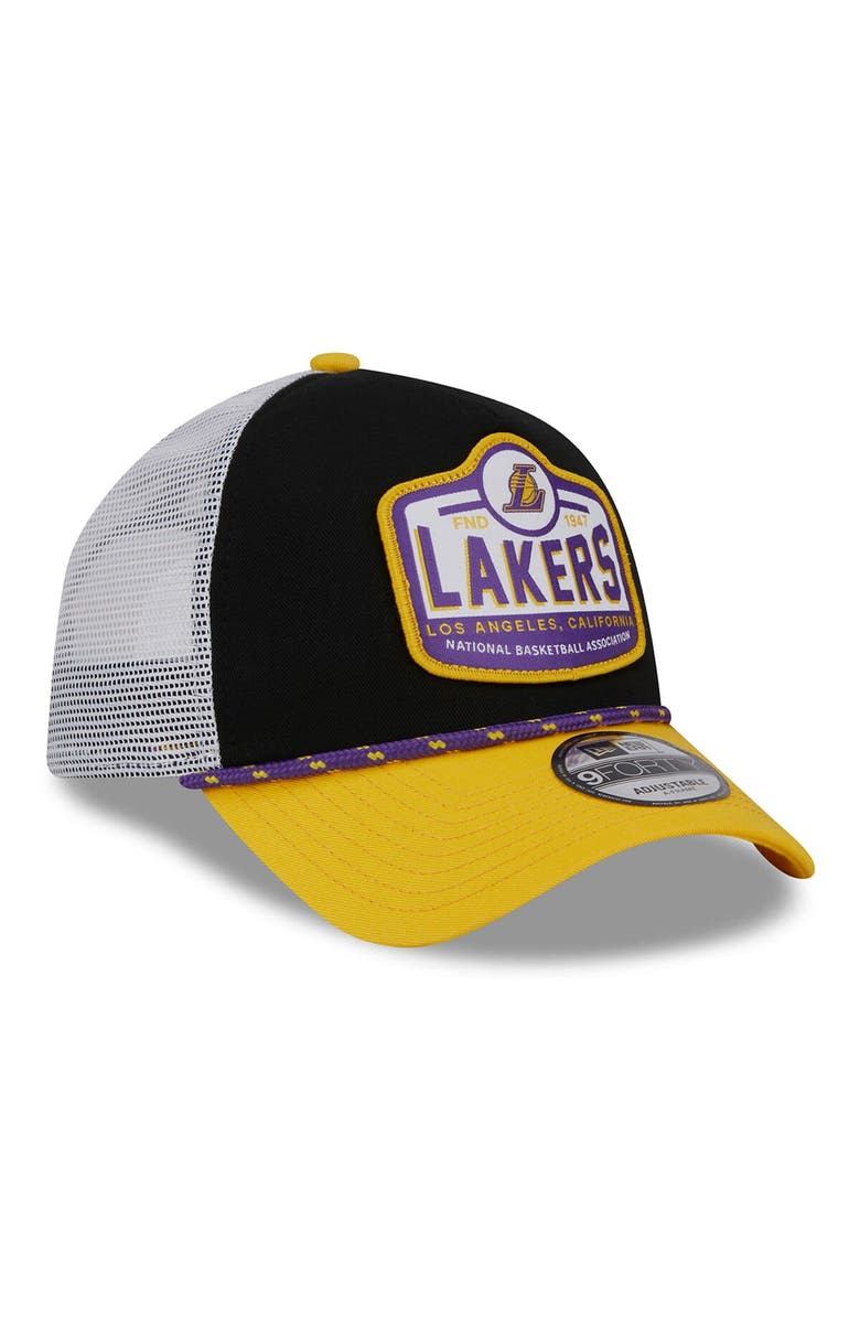 New Era Men's New Era Black/Gold Los Angeles Lakers  A-Frame 9FORTY Trucker Hat, Alternate, color, 