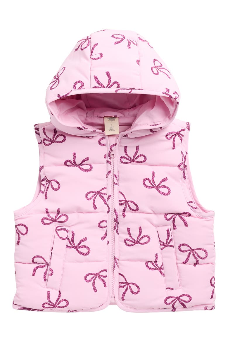 Kids' Print Hooded Puffer Vest, Main, color, PINK LAVENDER LEOPARD BOWS