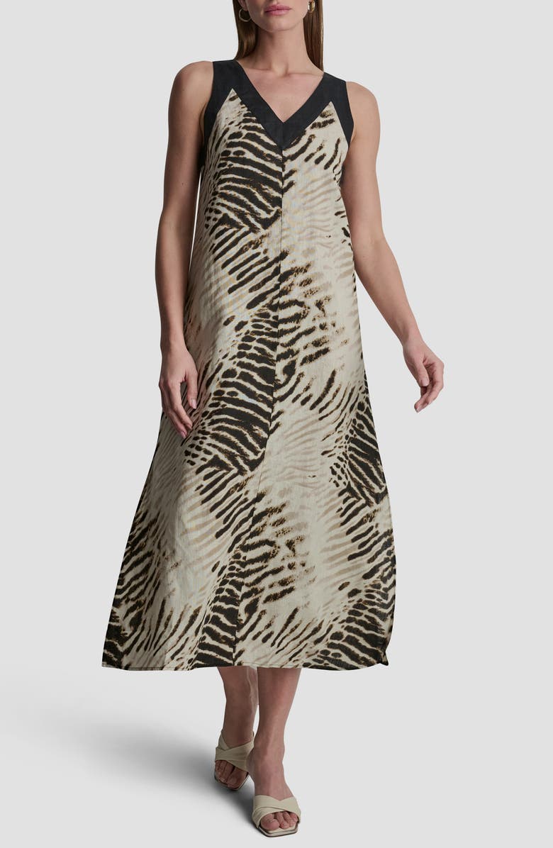 DKNY Print Colorblock Linen Midi Dress, Main, color, Brushed Sandbed/ Black