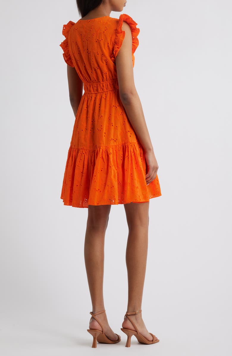 Anne Klein Embroidered Eyelet Cotton Ruffle Dress, Alternate, color, Bright Orange