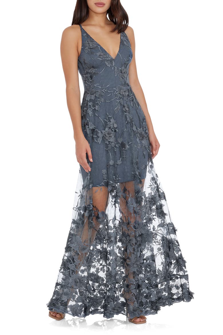 Sidney Deep V-Neck 3D Lace Gown, Main, color, STEEL