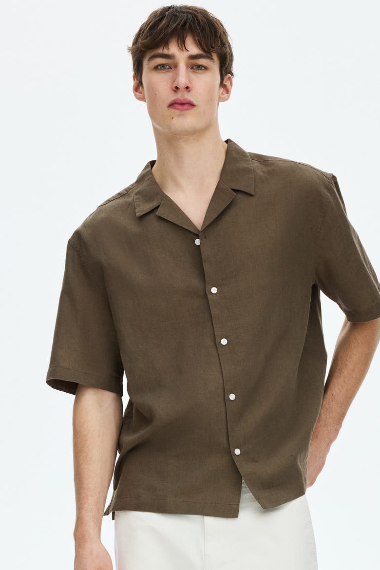 Relaxed Fit Linen-blend Resort Shirt, Main, color, Dark khaki green