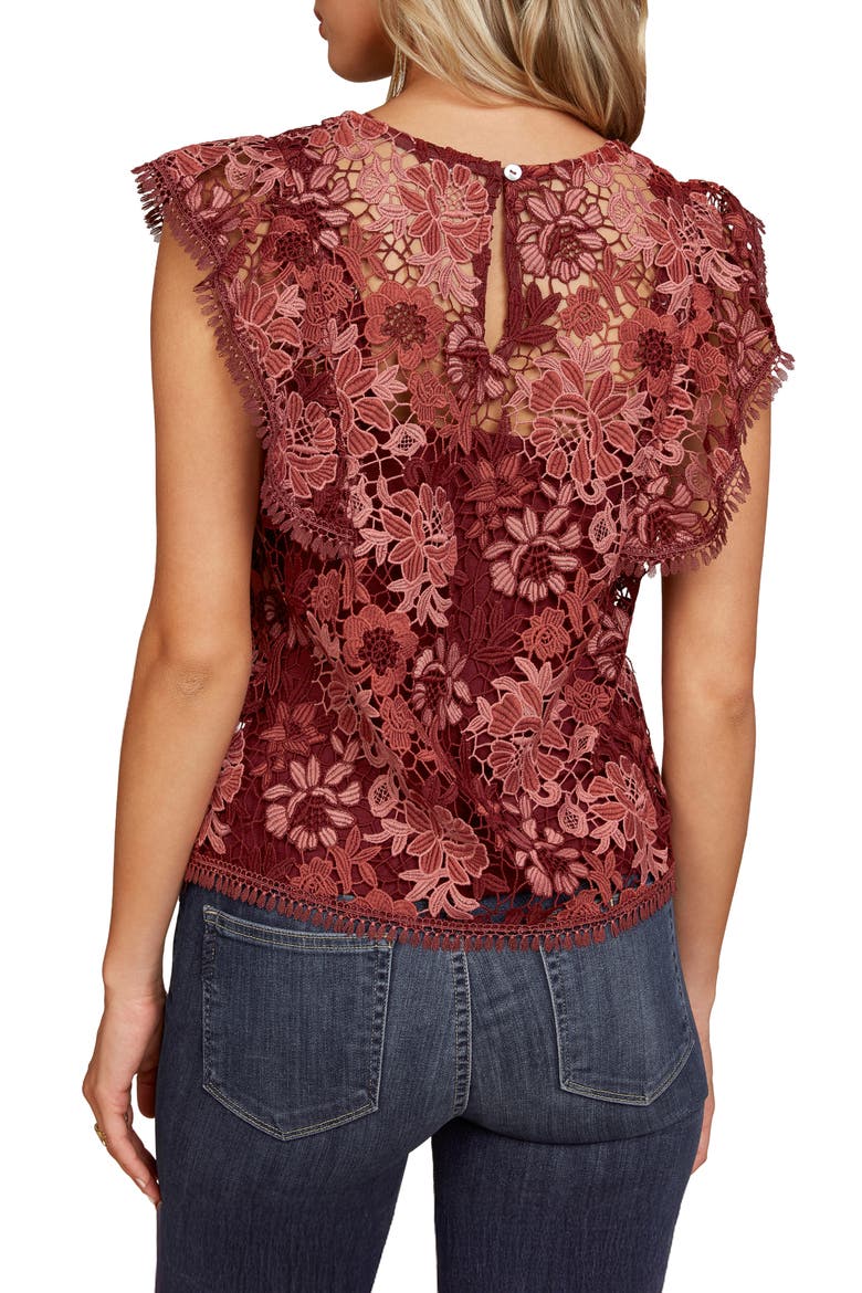 Floral Lace Ruffle Cap Sleeve Top, Alternate, color, WINE