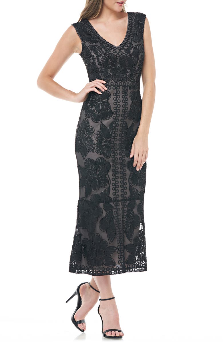 JS Collections Beaded V-Neck Midi Dress, Main, color,