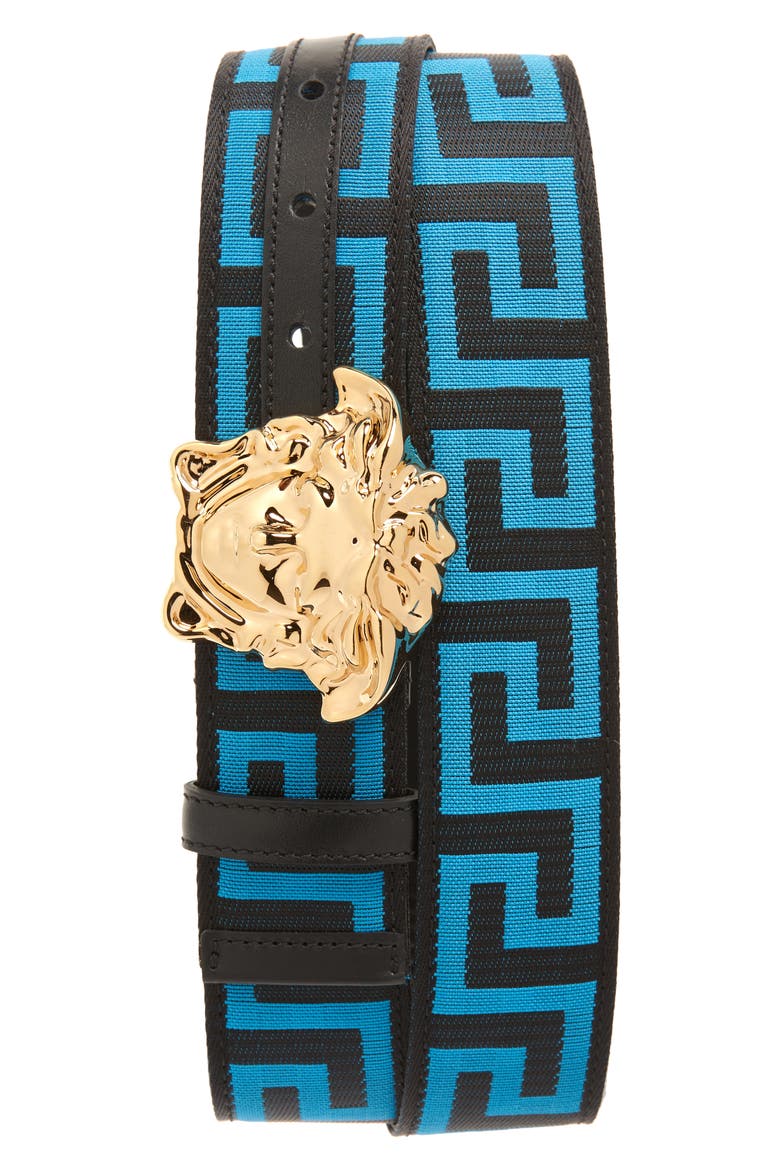 First Line La Medusa La Greca Web Belt, Main, color, BLACK TURQUOISE-VERSACE GOLD