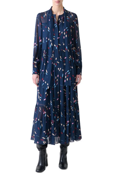 Dropping Dots Print Long Sleeve Georgette Midi Shirtdress